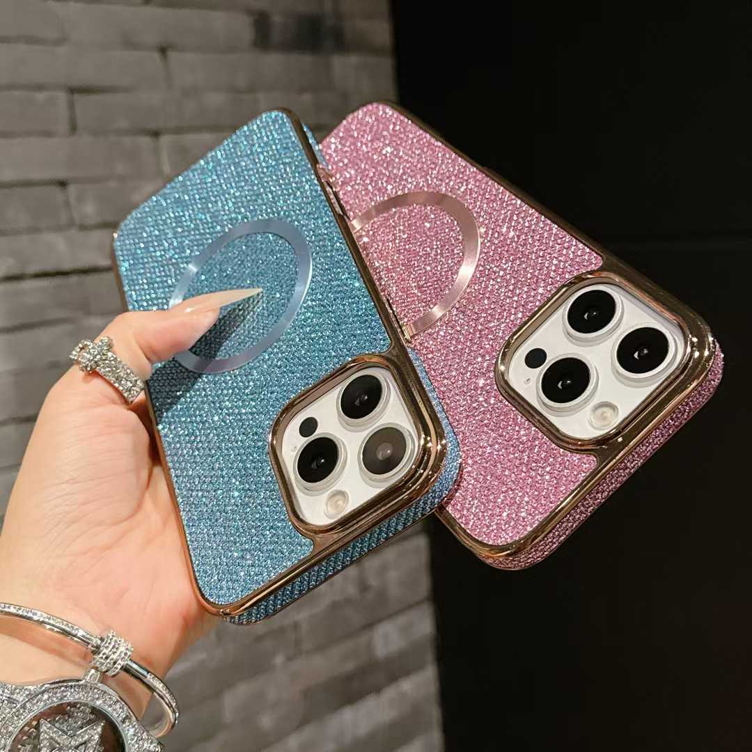 For iPhone 16ProMax 16 15 14 13 12 11 Phone Case, Luxury Slim Glitter Magnetic Pattern Plating Matte Leather Len Protection Shockproof Hard Full Cover
