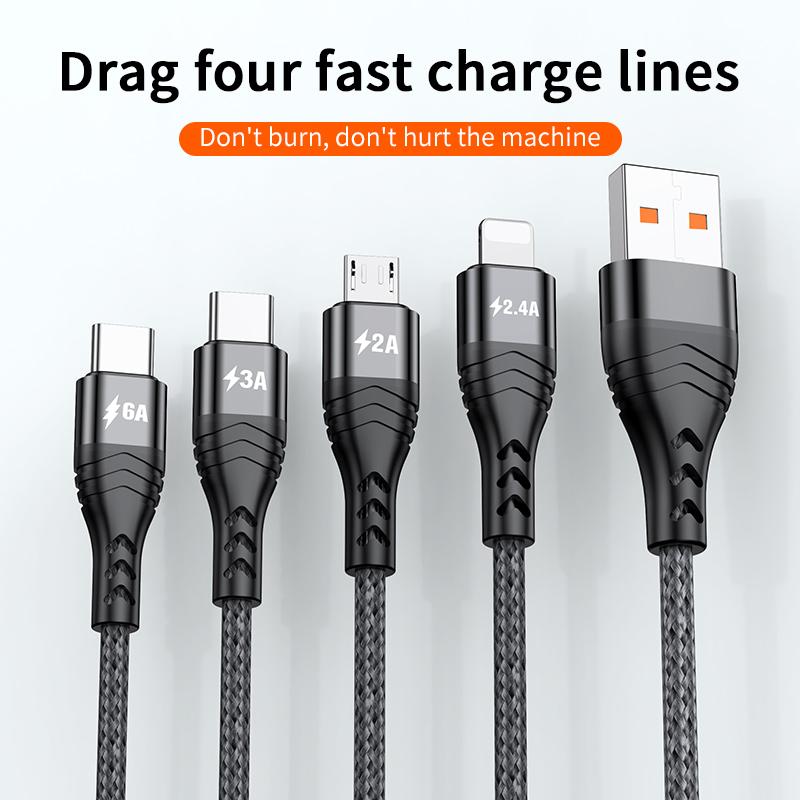 1.2m/2m 6A 4in1 One Drag Four Fast Filling Line Cable Aluminum Alloy + Two-color Braided Thread Fast Charging IP Type-C Android Universal