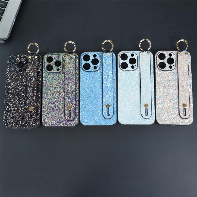 For iPhone 16ProMax 16 15 14 13 12 11 Case With Wristband, Luxury Glitter Durable Faux Leather Kickstand Shockproof Phone Case