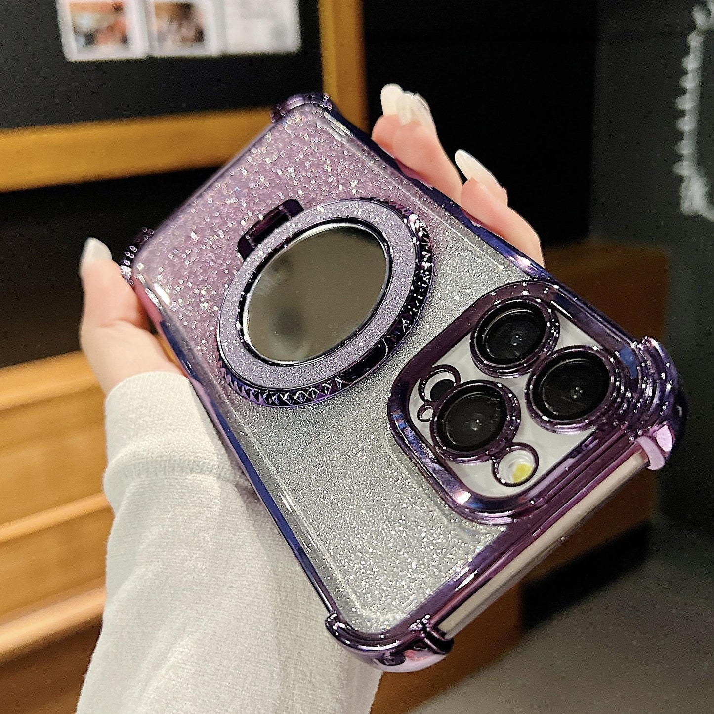 Glitter Gradient Plating Acrylic with Len Protector Phone Case with Mirror Kickstand For iPhone 16ProMax 15 14 13 12 Four Corner Shockproof Hard Full Cover