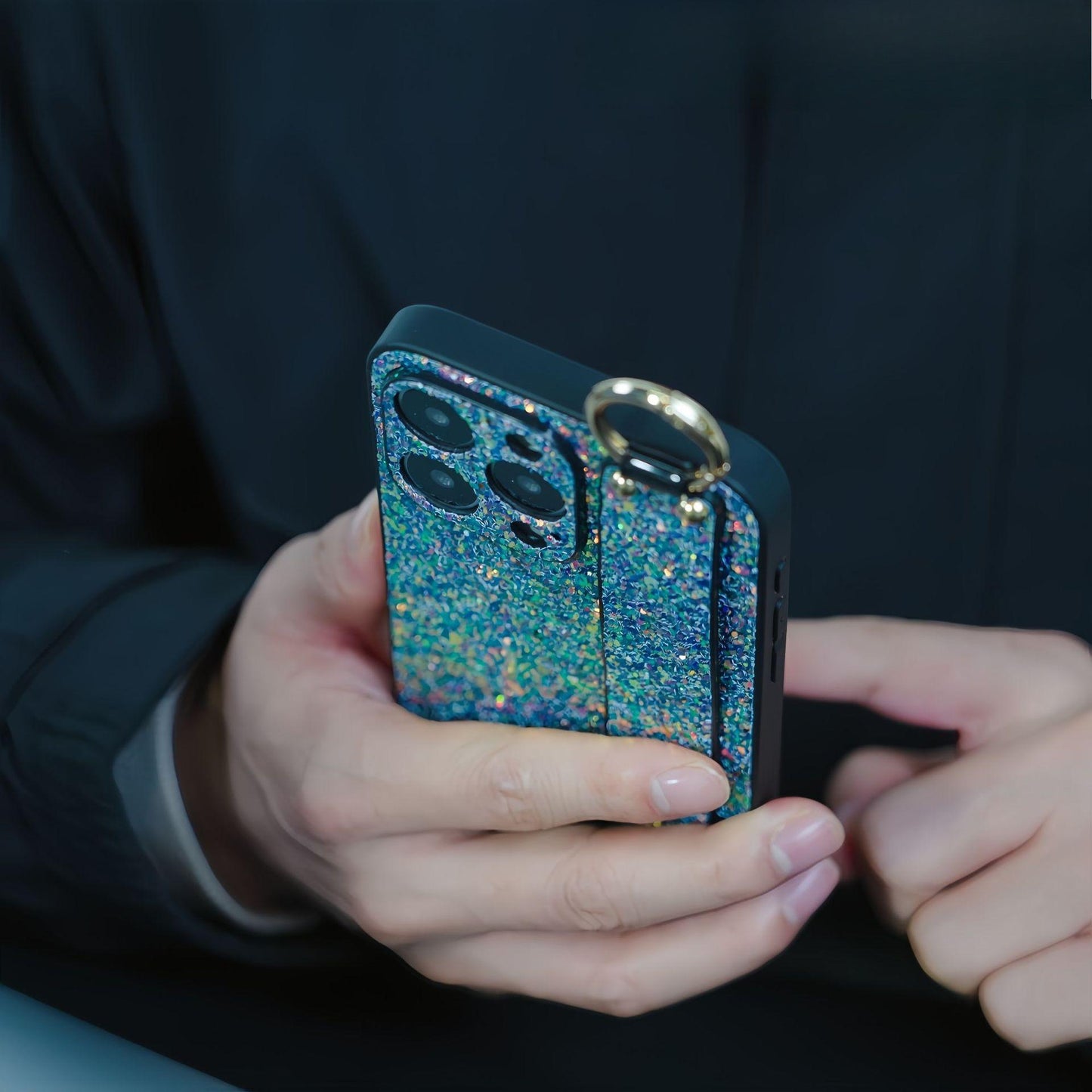 For iPhone 16ProMax 16 15 14 13 12 11 Case With Wristband, Luxury Glitter Durable Faux Leather Kickstand Shockproof Phone Case