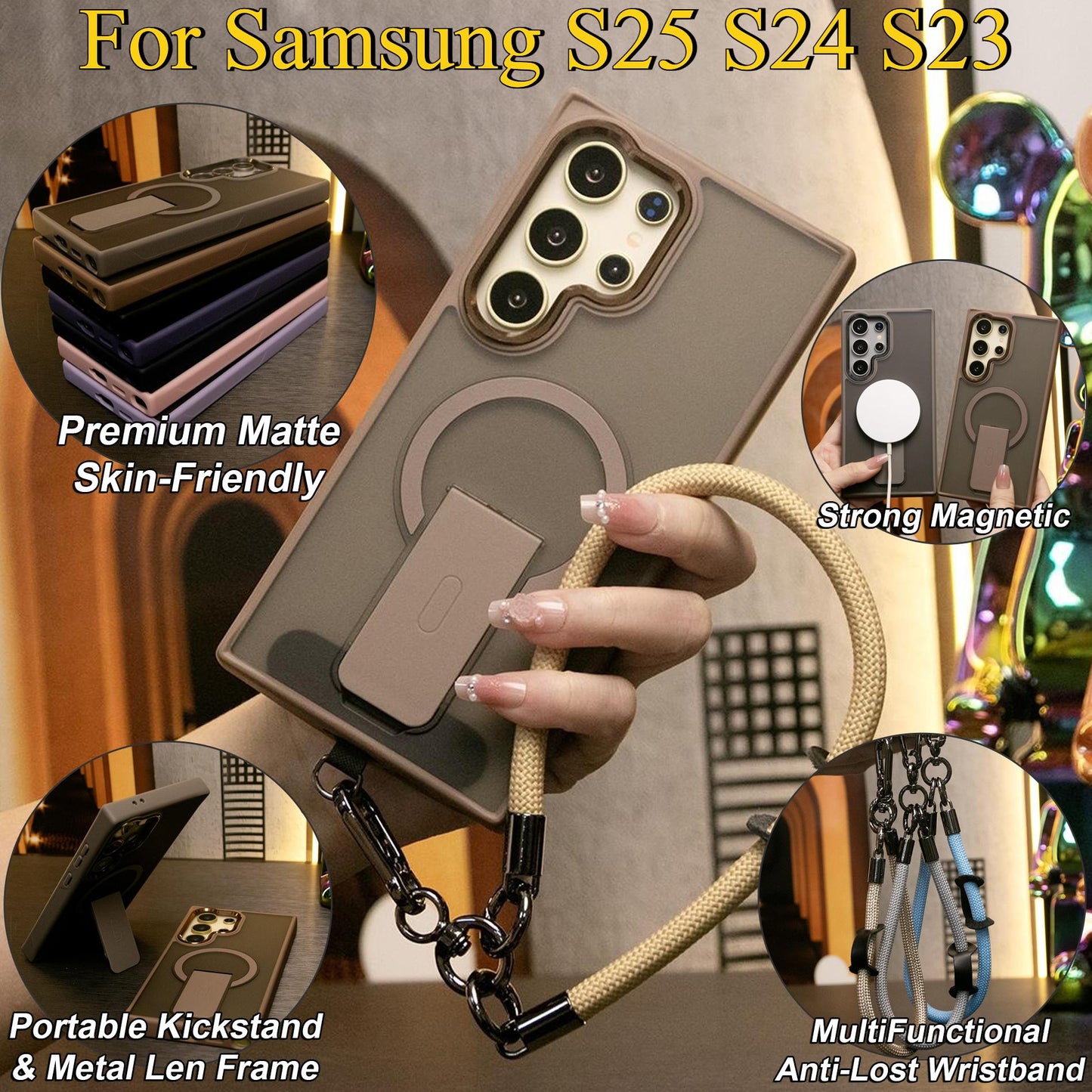 Matte Clear Portable Kickstand Magnetic Phone Case With Multifunctional Wristband For Samsung S25Ultra S25Plus S24FE S24Ultra S25 S24 S23 Skin Feel Shockproof Camera Metal Frame