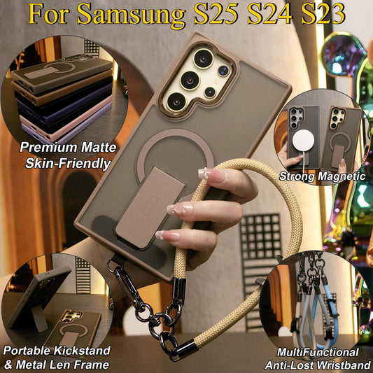 Matte Clear Portable Kickstand Magnetic Phone Case With Multifunctional Wristband For Samsung S25Ultra S25Plus S24FE S24Ultra S25 S24 S23 Skin Feel Shockproof Camera Metal Frame