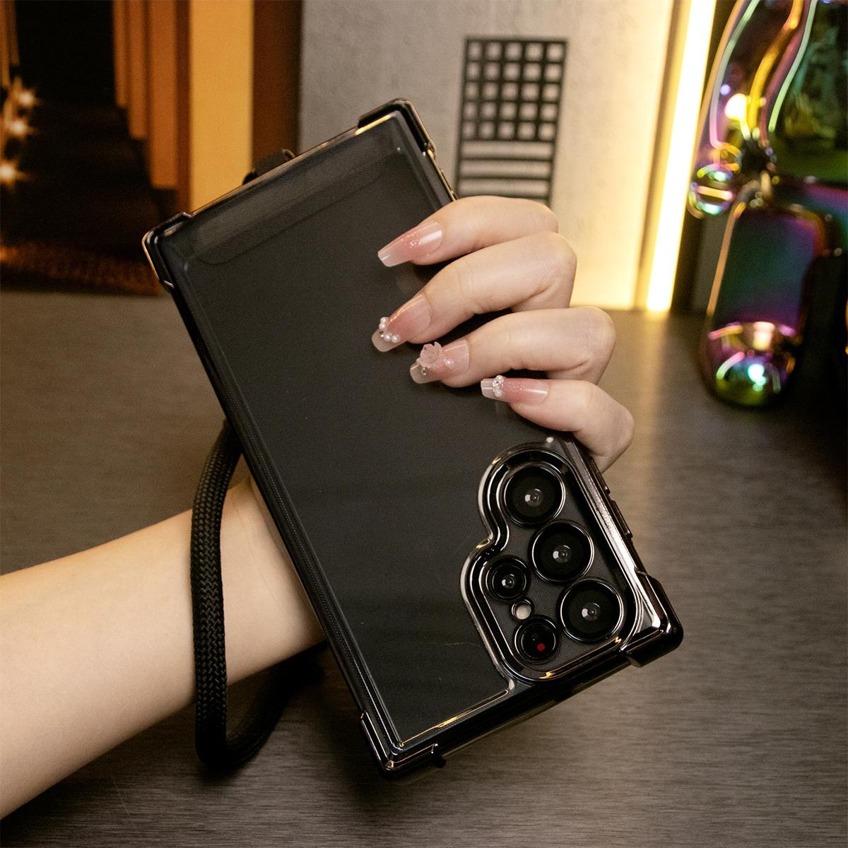 Electroplated Four Corners Anti-fall Transparent Hard PC Phone Case With Multifunctional Wristband For Samsung S25Ultra S25 S24FE S24Ultra S24 S22 S21 Note20, Full Cover with Camera Protector