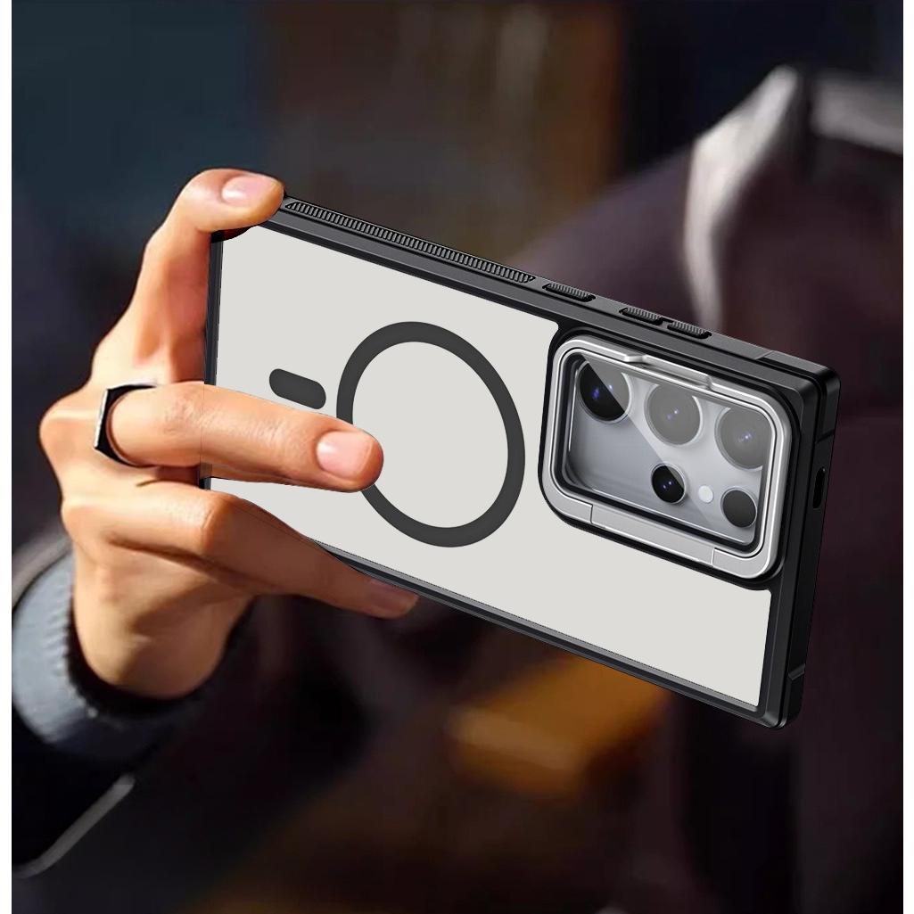 For Samsung S25Ultra S25 S24 S23 S21FE S20FE Strong Magnetic Phone Case, Glass Camera Kickstand Protection, Matte Case Acrylic Four Corner Shockproof Bumper Hand Feel Hard Full Cover