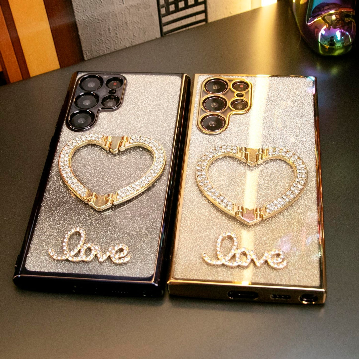 Luxury Diamond Glitter Crystal Love Heart Holder Bracket Glitter Clear Gradient TPU Plating Shockproof Soft Phone Case For Samsung S25 S24 S23 S22 S21 Note20
