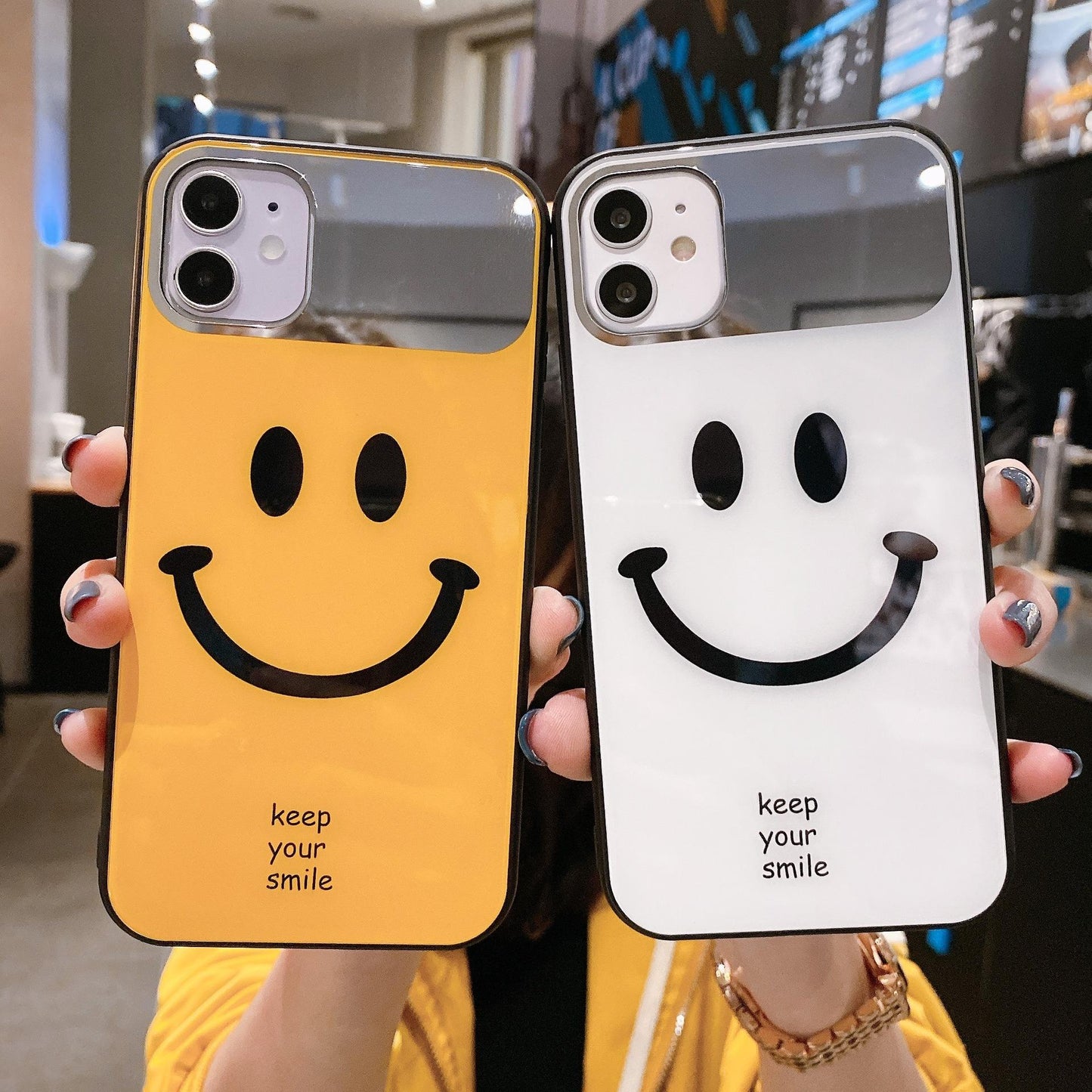 For iPhone 16ProMax 16 15 14 13 12 11 XR X/XS XSMax Phone Case, Luxury Glitter Mirror Smiling Face Plating Acrylic, Camera Protection Hard Full Cover