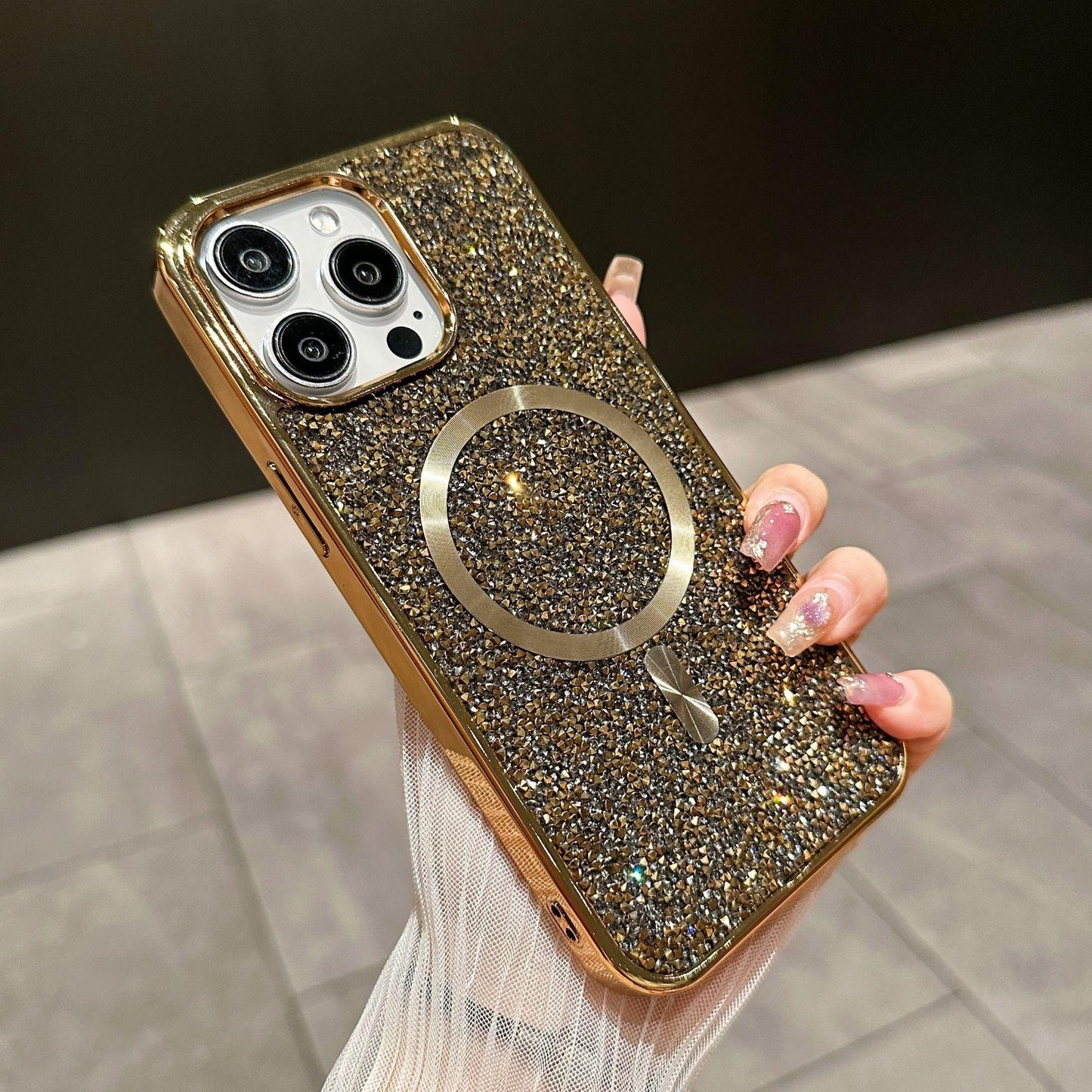 Luxury Rhinestone Glitter Plating Slim PC Strong Magnetic Phone Case For iPhone 16ProMax 15 14 13 Hard Support Wireless Charging Full Cover