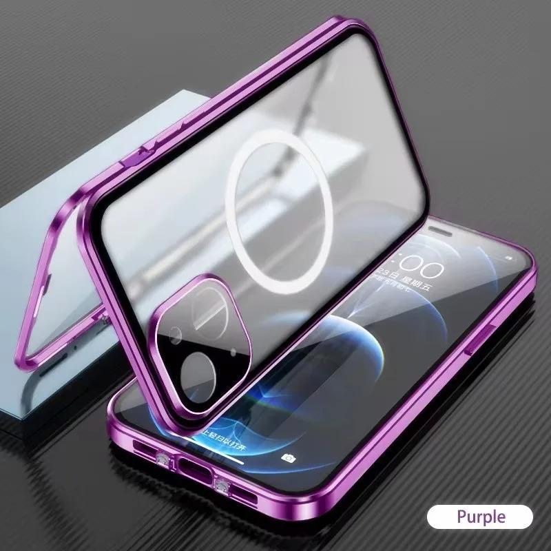 Double Sided HD Glass Matte Back Cover Aluminium Alloy For Magsafe Full Cover 360 Magnetic Ring High Definition Metal Case For iPhone 16ProMax 16 15 14 13 12 Pro Max Glass Full Cover