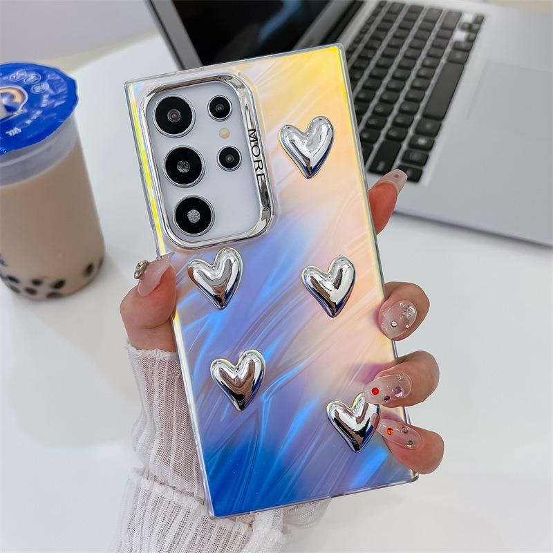 For Samsung S25 S24 S23 S22 A15 A25 A35 A54 A55 Phone Case, Electroplating Laser Love Heart Pattern Acrylic Slim, Camera Protection Non-Yellowing Hard Cover