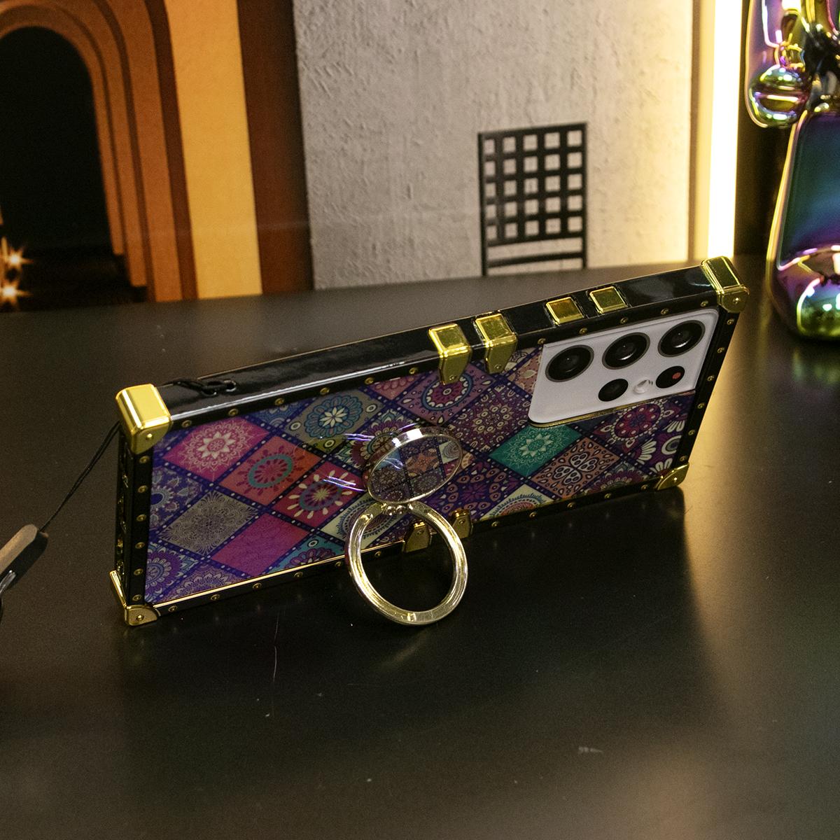 Luxury Glitter Retro Flower Pattern Cover For Samsung S25 S24 S21 S22 S23Ultra Fashion Geometric Square Case For Samsung A74 A73 A72 A71 A55 A54 A53 A52 A35 A34 A24 A25 A14 A15