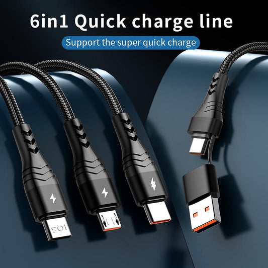 6in1 2in3 Quick Charge Cable Data Cable 1.2m 2m Fast Charging Aluminum Alloy + Double Color Braided Wire TypeC Micro USB Type-C+ip+Micro Date Line