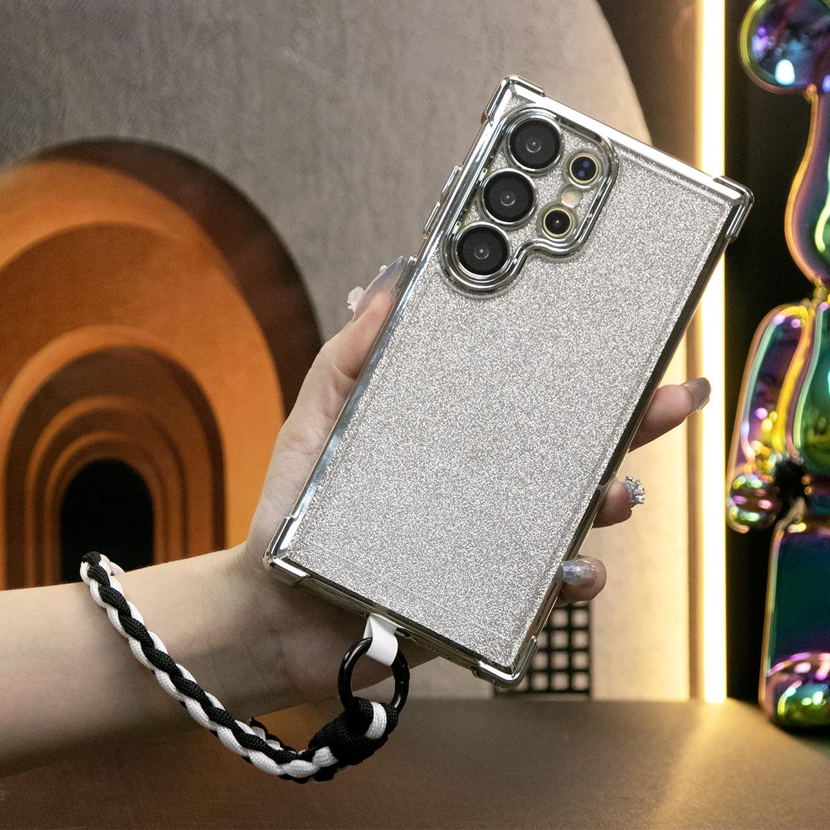 Luxury Glitter Plating Four Corners Shockproof Clear Case With Woven Wristband For iPhone 16 15 14 13 12 11 XR XSMax X/XS Transparent Hard Acrylic Bumper Full Cover