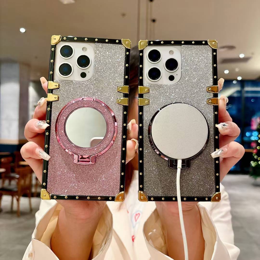 Luxury Gradient Glitter Diamond Heavy Duty Protection Shockproof With Mirror Magnetic Kickstand Phone Case For Samsung S25 S24 S23 S22 S21 Note20 A15 A25 A35 A55 Square Case Back Soft Cover
