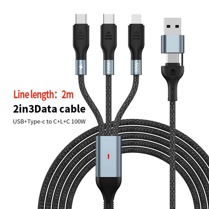 1.2m/2m 100W Super Fast Charge 2in3 Data Cable Support Laptop/Mobile Phone/Tablet USB+Type-c to C+L+C Multi-port Fast Charging Metal Head Nylon Braided Wire
