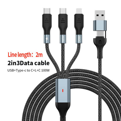 1.2m/2m 100W Super Fast Charge 2in3 Data Cable Support Laptop/Mobile Phone/Tablet USB+Type-c to C+L+C Multi-port Fast Charging Metal Head Nylon Braided Wire