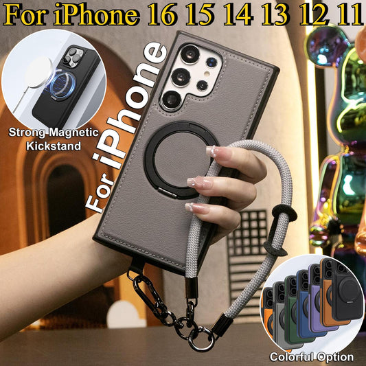 Luxury Full Leather Phone Case WIth Multifunctional Climbing Rope For Magsafe For iPhone 16 15 14 13 12 11 Magnetic Rotate Metal Holder Kickstand Hard Back Cover