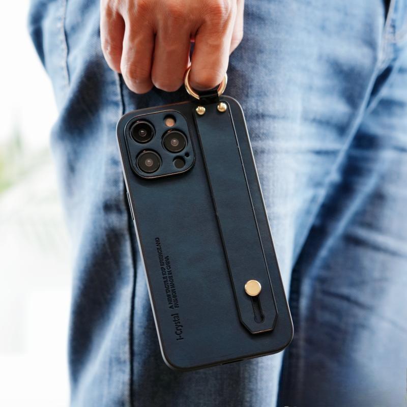 For iPhone 16ProMax 16 15 14 13 12 Case With Wristband, Matte Durable Faux Leather Kickstand Shockproof Phone Case