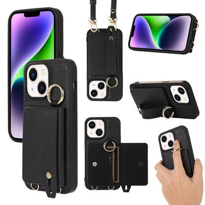 For iPhone 16ProMax 16 15 14 13 12 11 Leather Phone Case with Double Folding Wallet Lanyard, Anti-Fall Card Slot Wristband Ring Kickstand Shockproof Business Hard Full Cover