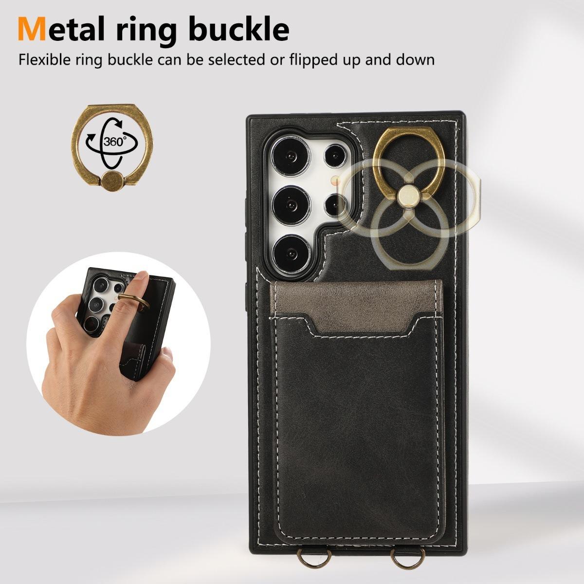 For Samsung S25Ultra S24 S23 S22 A16 A15 A35 A55 Leather Phone Case with Double Folding Wallet Wristband, Anti-Fall Card Slot Ring Kickstand Shockproof Business Hard Full Cover