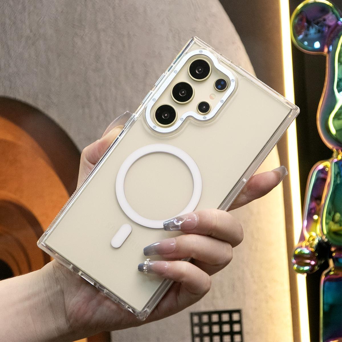 For Samsung S25Ultra S24+ S23FE A14 A15 A16 A24 A25 A34 A35 A54 A55, Clear Dual Color Strong Magnetic Wireless Charging Case Clear Shockproof Metal Camera Frame Bumper TPU Acrylic Hard Cover
