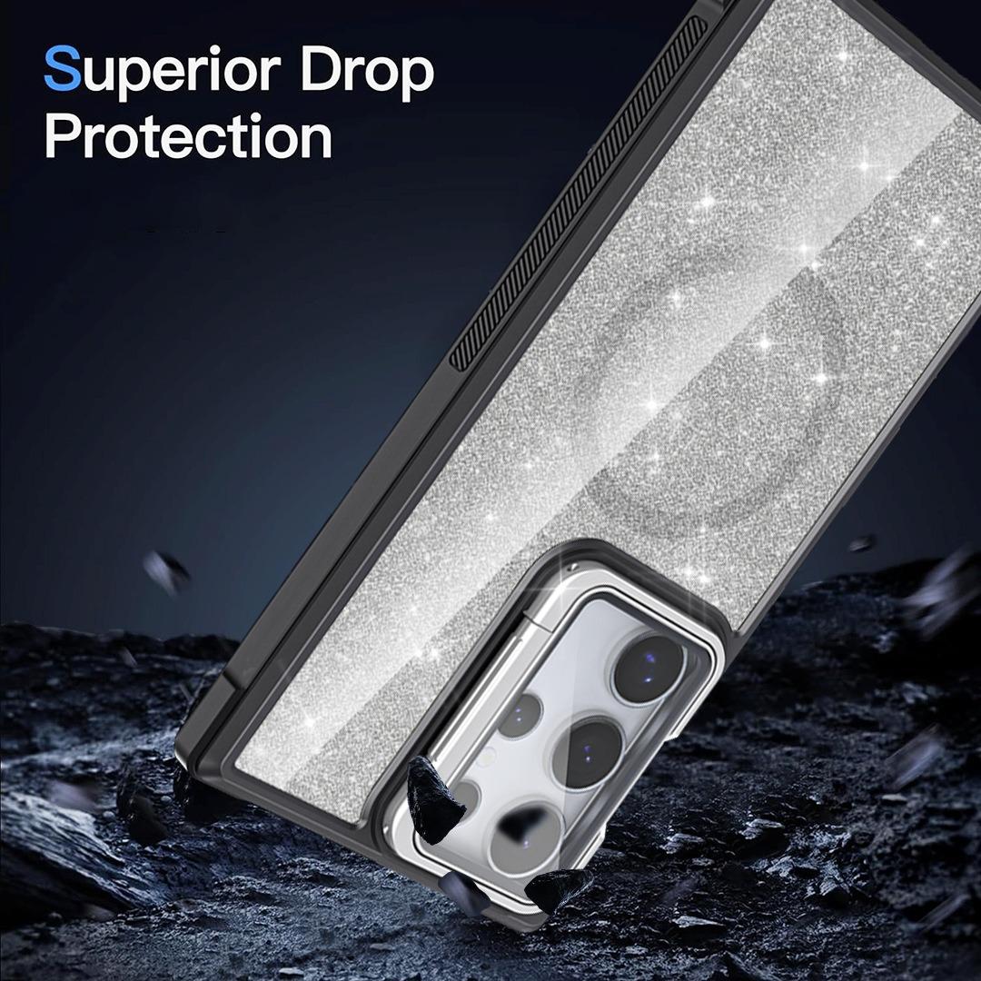 For Samsung S25Ultra S25 S24 S23 S21FE S20FE Strong Magnetic Phone Case, Glass Camera Kickstand Protection, Glitter Clear Acrylic Four Corner Shockproof Bumper Hand Feel Hard Full Cover