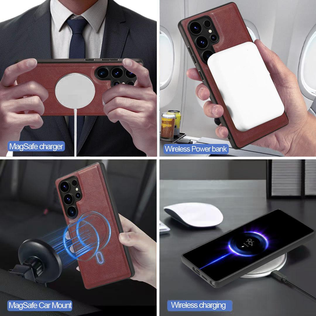 For Samsung S25 S24 S23 A16 A15 A36 A35 A56 A55 A53 Leather Phone Case with Strong Magnetic Triple Fold Wallet, Anti-Fall Card Bag Kickstand for Magsafe Shockproof Business Hard Full Cover