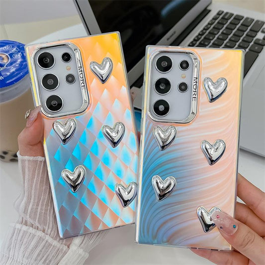 For Samsung S25 S24 S23 S22 A15 A25 A35 A54 A55 Phone Case, Electroplating Laser Love Heart Pattern Acrylic Slim, Camera Protection Non-Yellowing Hard Cover