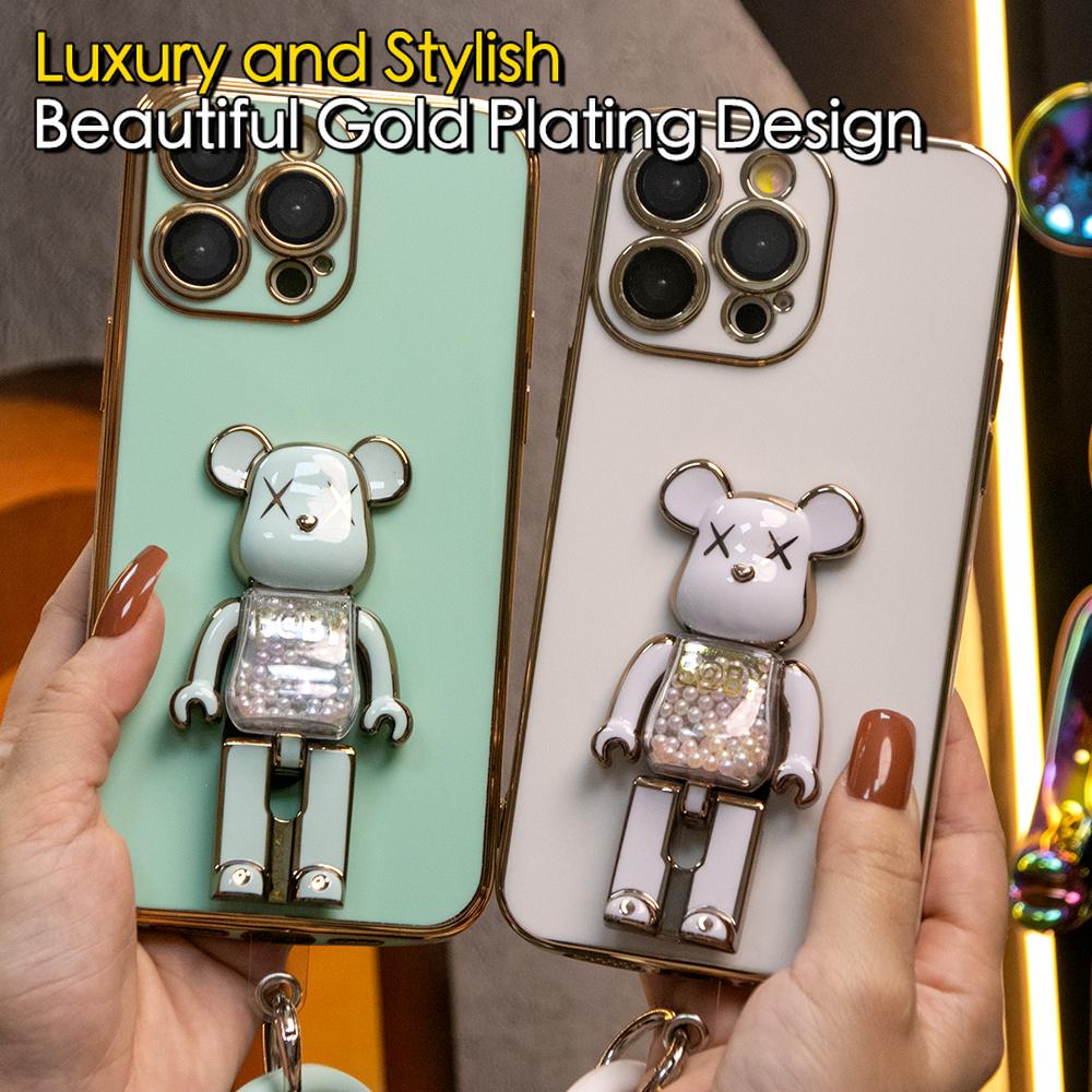 For iPhone 16 15 14 13 12 11 XR XSMax X/XS Phone Case, Candy Bear Kickstand with Silicone Bracelet, Plating Electroplate Luxury Elegant Case Camera Protector Pop Stand Shockproof Soft Cover