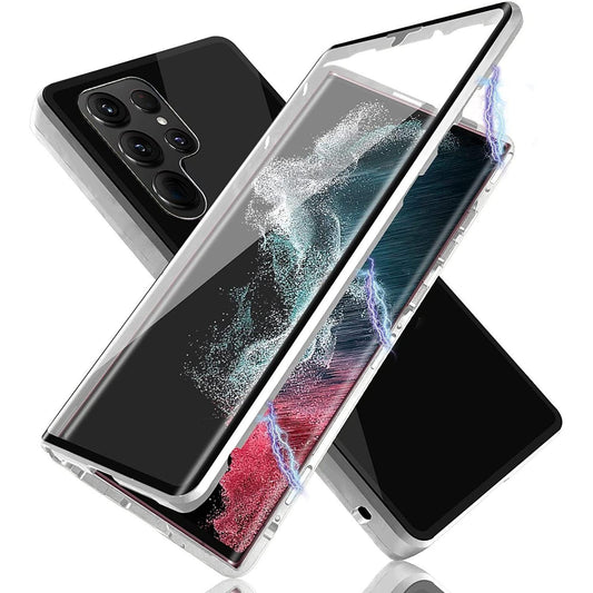 Clear Double Sided Full Cover Magnetic Adsorption Case for Samsung S25 S25Plus S25Ultra S24 S24FE S24Plus S24Ultra Metal Frame Tempered Glass Shockproof Case