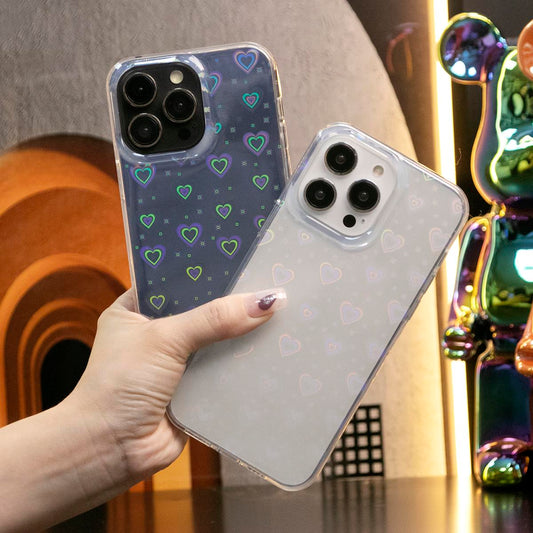 For iPhone 16 15 14 13 12 11 Pro Max Case, Clear Laser Love Heart, Glitter Luxury Elegant Case Shockproof Hard Cover