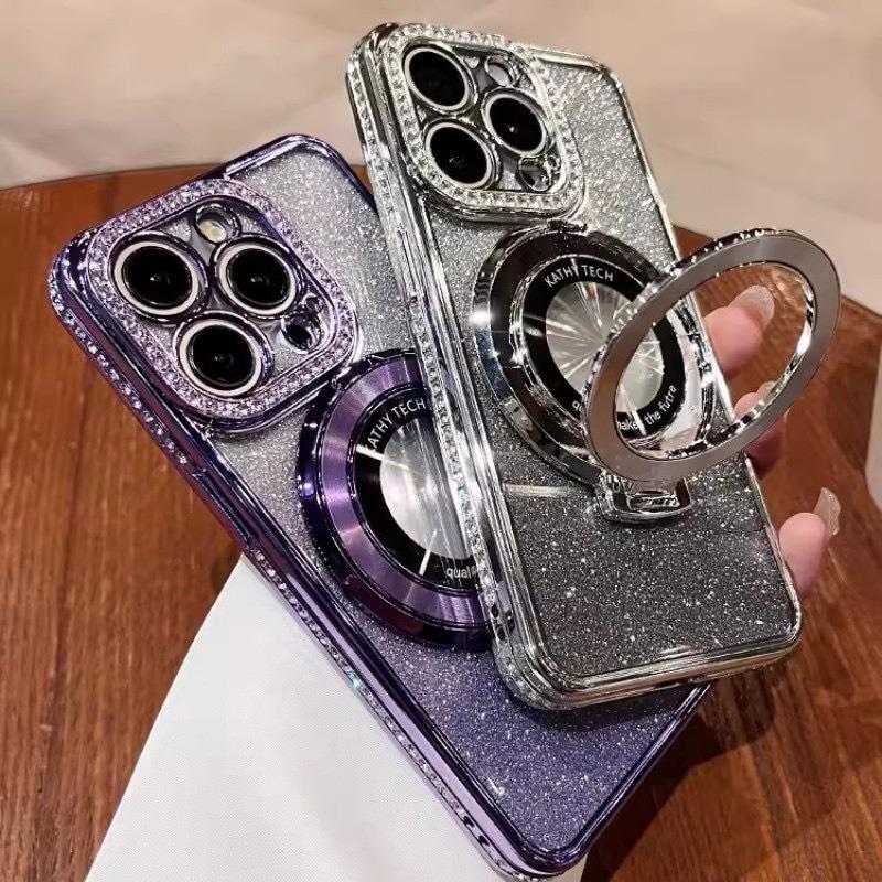 Glitter Gradient Plating Rhinestone TPU Phone Case with Kickstand For iPhone 16ProMax 15 14 13 12 11 Shockproof Soft Full Cover