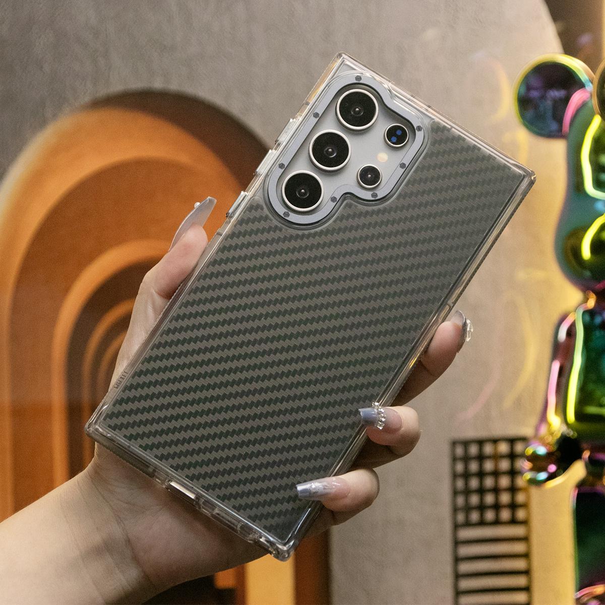 Carbon Fiber Pattern Phone Case, Metal Hardware Camera Protective Acrylic Cover, Clear No Yellow, With Shockproof  Anti-Fall Bumper For Samsung S25Ultra S24 S23 S21FE A14 A15 A24 A25 A35 A54 A55 A05