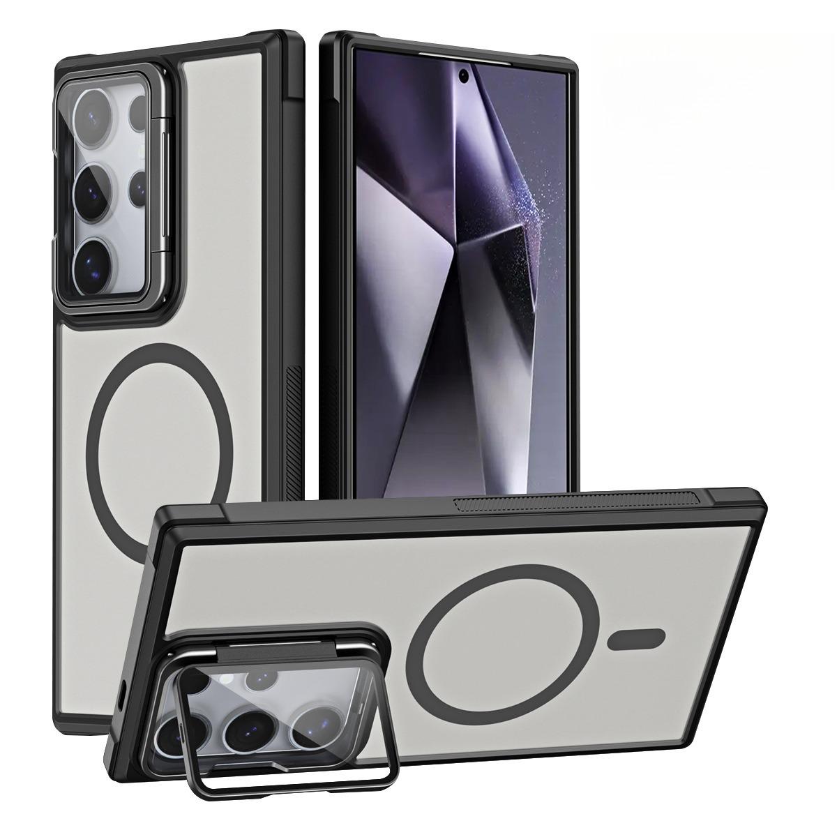 For Samsung S25Ultra S25 S24 S23 S21FE S20FE Strong Magnetic Phone Case, Glass Camera Kickstand Protection, Matte Case Acrylic Four Corner Shockproof Bumper Hand Feel Hard Full Cover