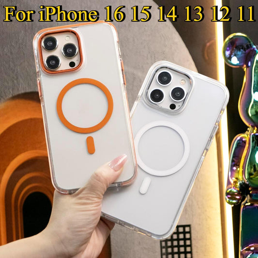 Two-tone High Definition Acrylic Magnetic For Magsafe Wireless Charging Case For iPhone 16 15 14 13 12 11 Pro Max Shockproof Clear Metal Camera Frame Hard Cover