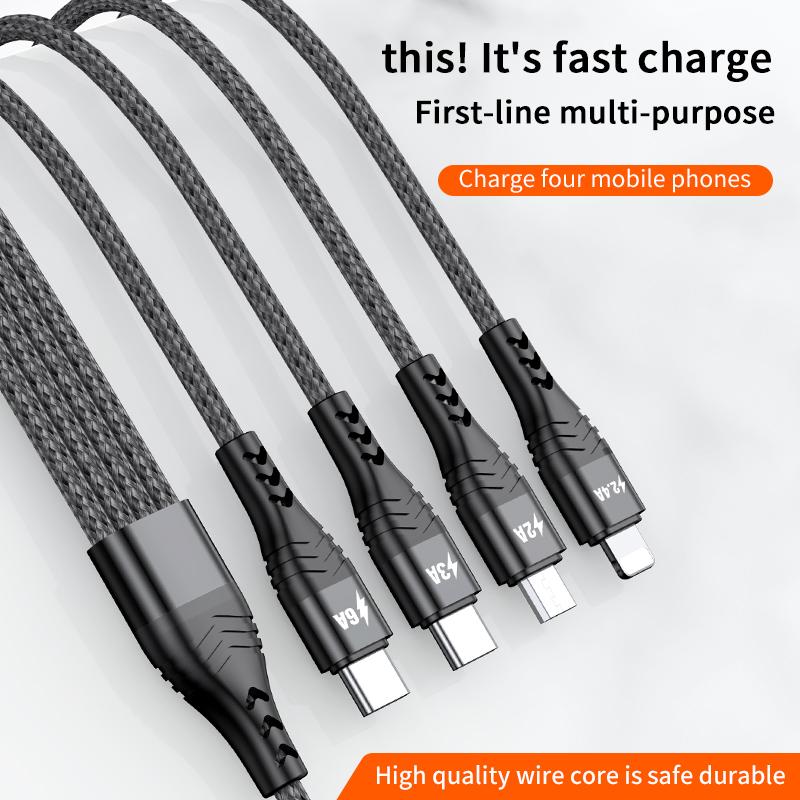 1.2m/2m 6A 4in1 One Drag Four Fast Filling Line Cable Aluminum Alloy + Two-color Braided Thread Fast Charging IP Type-C Android Universal