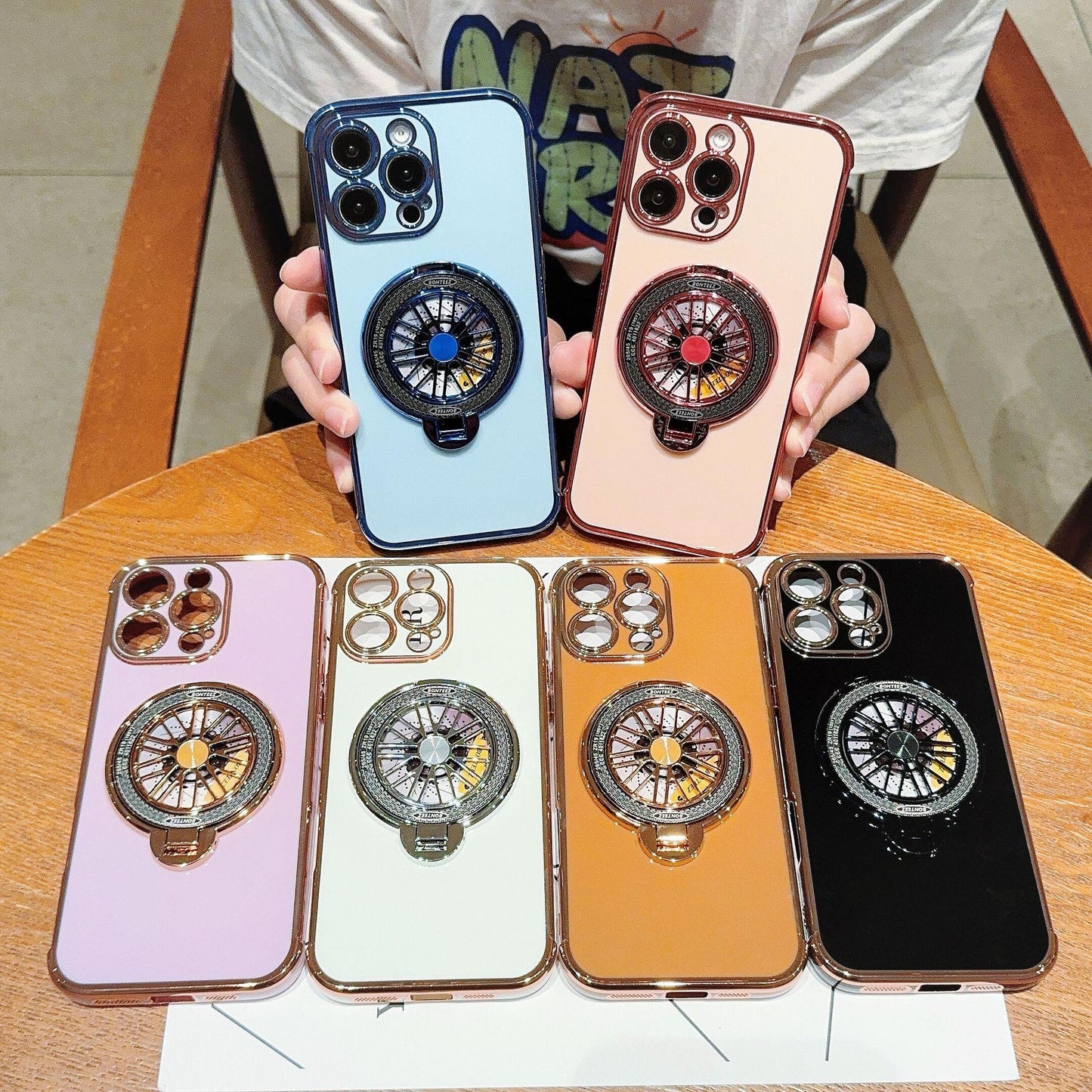 Plating Love Heart TPU Phone Case with Metal Magnetic Gyro Rotating Kickstand For iPhone 16ProMax 15 14 13 12 Shockproof Support Wireless Charging Soft Full Cover