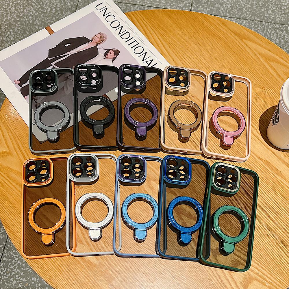 Colorful Crystal High Definition Clear Phone Case with Metal Kickstand For Magsafe For iPhone 16ProMax 16 15 14 13 12 11 Pro Max Plus Transparent HD Len Protection Hard Full Cover