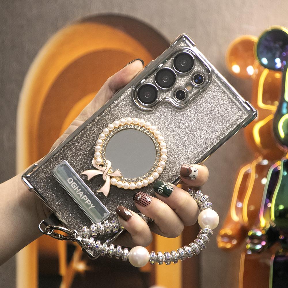 Gradient Plating Four Corners Bowknot Mirror Thin Kickstand Case with Pearl Diamond Wristband for Samsung S25Ultra S25 S24 S23 S22 S21 Note20 A53 A54 A55 Hard Acrylic Bumper Full Cover