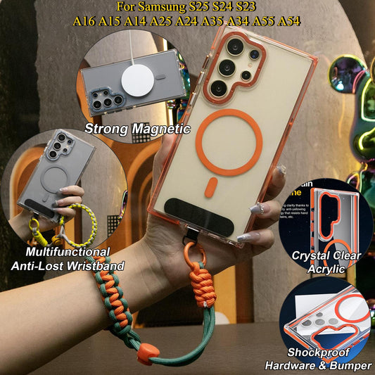 Clear Dual Color Strong Magnetic Wireless Charging Case For Samsung S25Ultra S24+ S23FE A14 A15 A16 A24 A25 A34 A35 A54 A55 Metal Camera Frame Bumper Acrylic Hard Cover with Adjustable Wristband