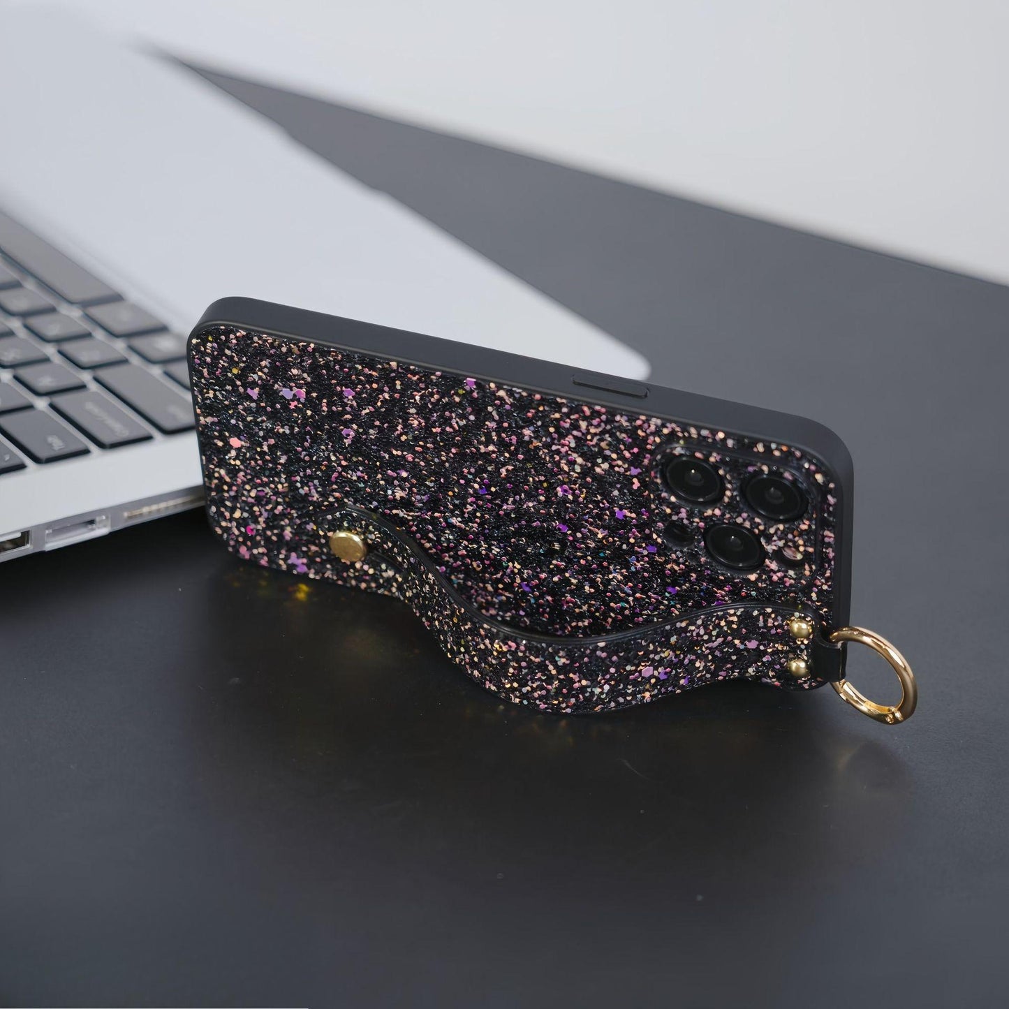 For iPhone 16ProMax 16 15 14 13 12 11 Case With Wristband, Luxury Glitter Durable Faux Leather Kickstand Shockproof Phone Case