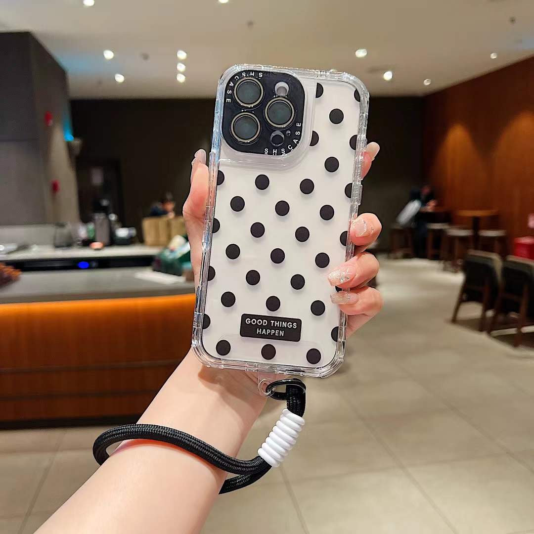 For iPhone 16ProMax 16 15 14 13 Phone Case With Short Wristband, Colorful 3 in 1 Transparent Luxury Wave Point Acrylic Anti Fall, With Camera Protector Shockproof Clear Hard Full Cover