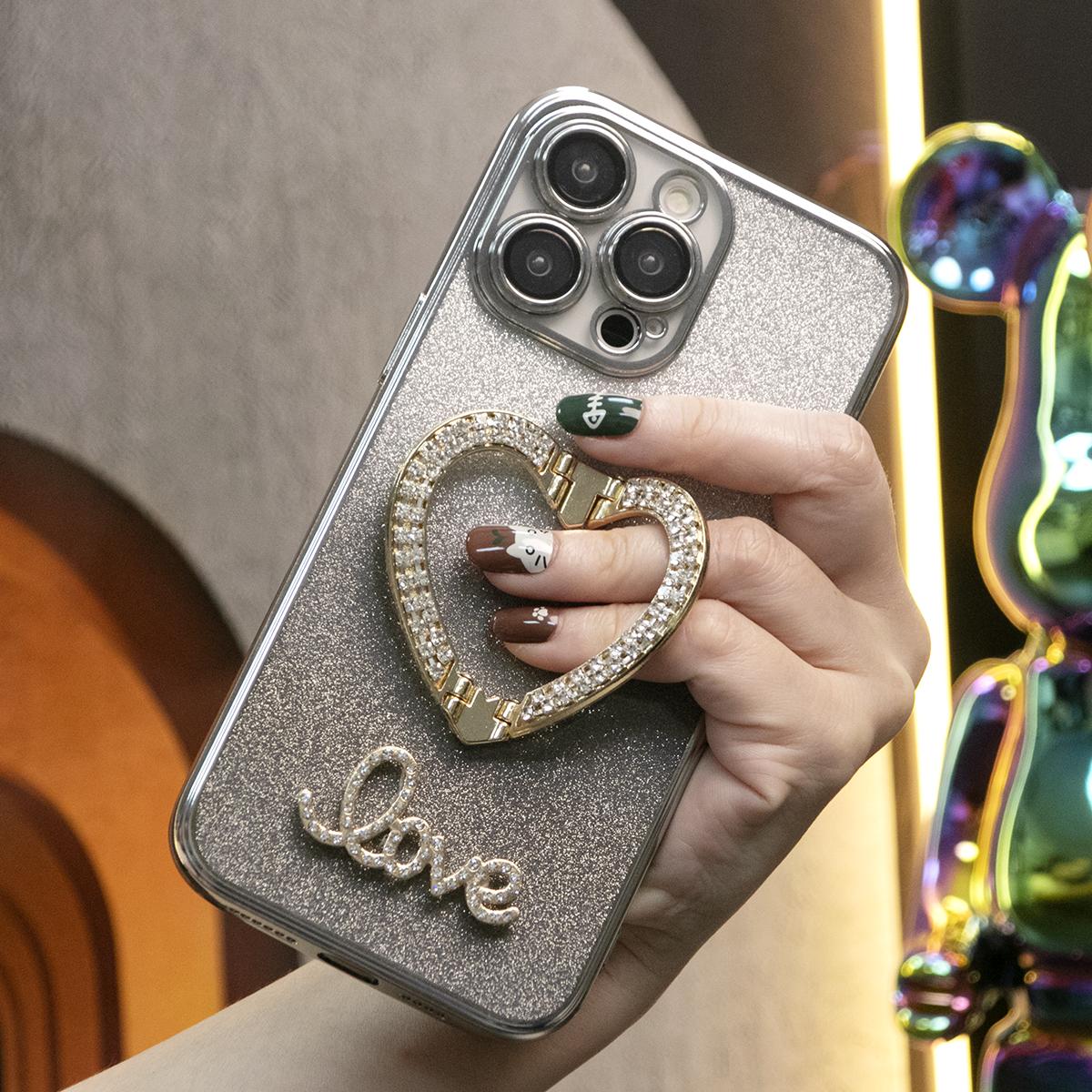 Glitter Transparent Gradient Diamond Love Heart Holder Plating Phone Case For iPhone 16 15 14 13 12 Pro Max Clear Soft TPU Back Cover