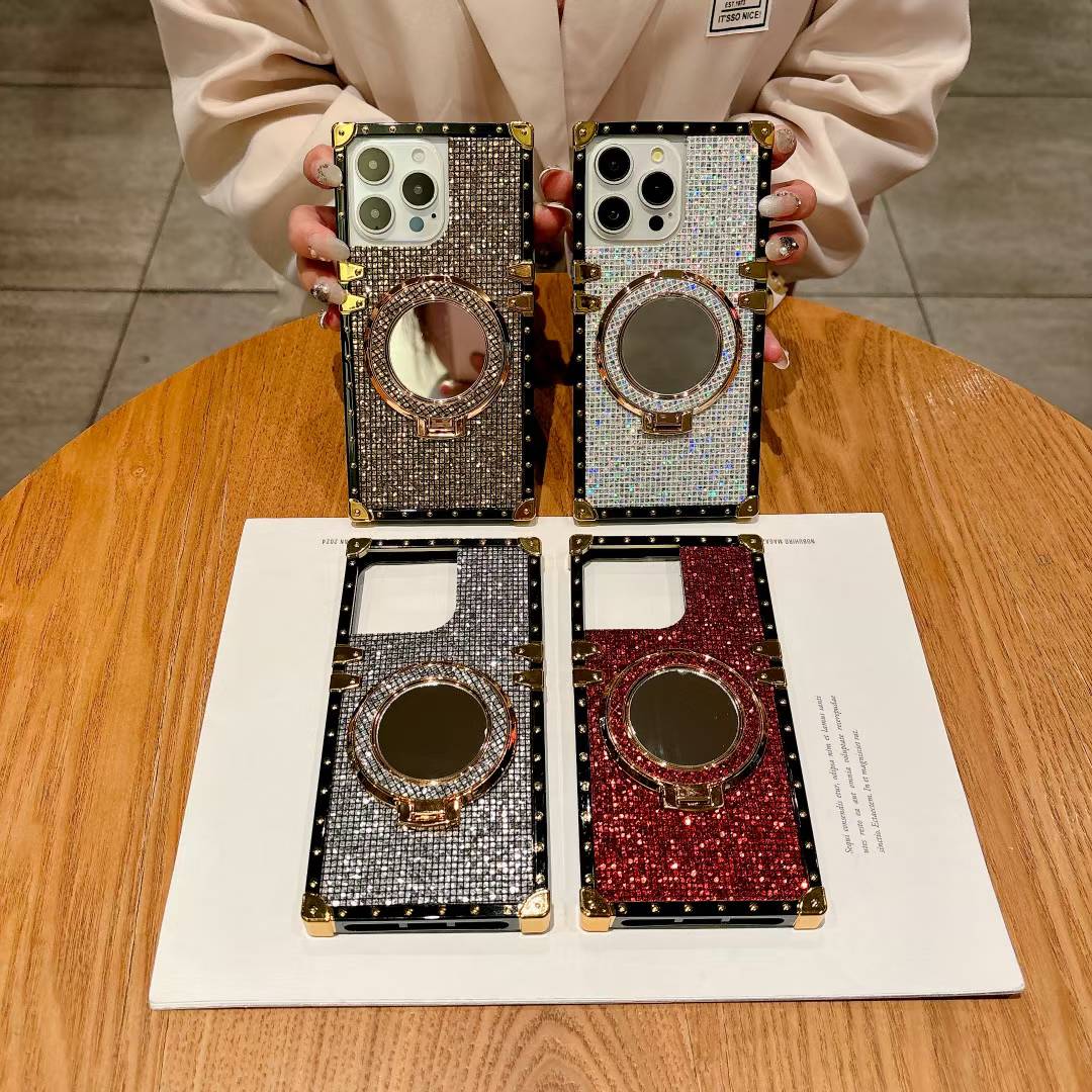 Luxury Glitter Bling Diamond Heavy Duty Protection Shockproof With Mirror Magnetic Kickstand Phone Case for iPhone 16ProMax 16 15 14 13 12 11 Pro Max Plus Fashion Square Case Back Soft Cover