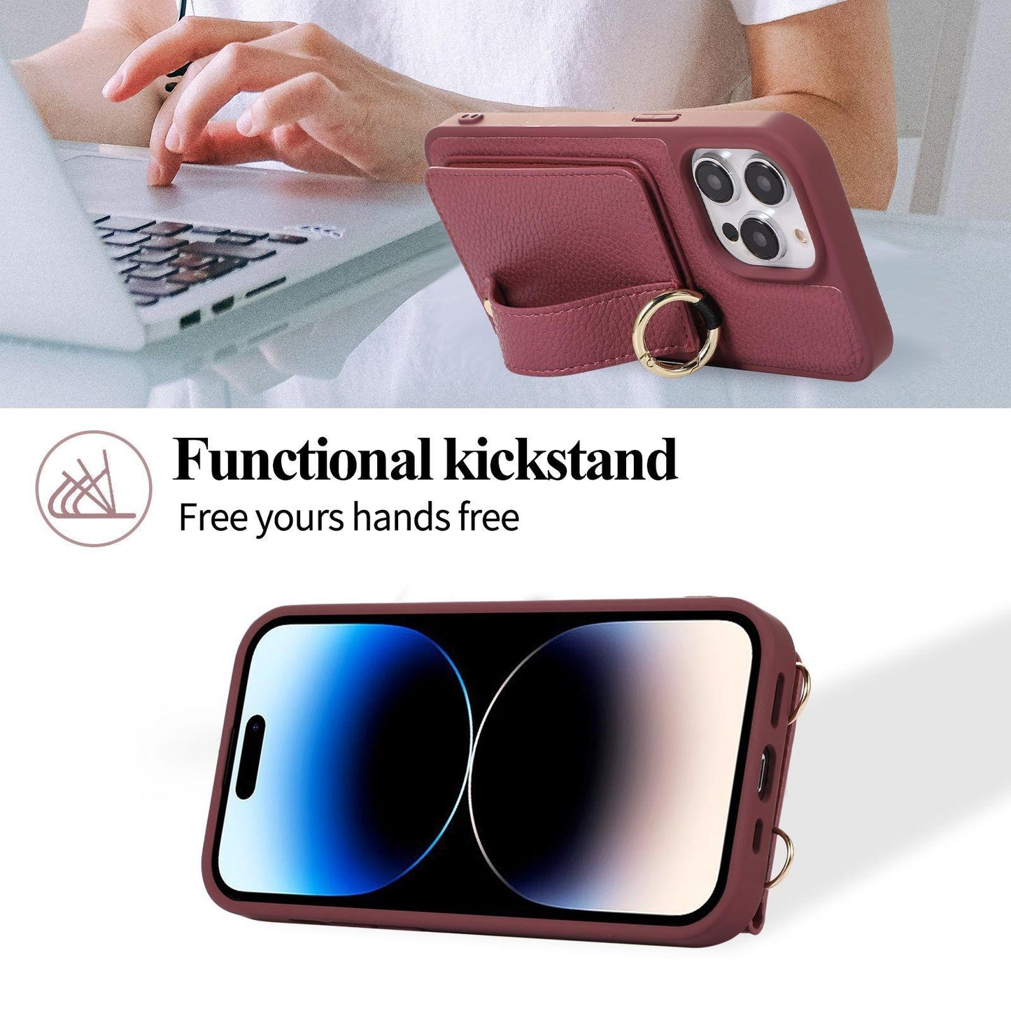 For iPhone 16ProMax 16 15 14 13 12 11 Leather Phone Case with Double Folding Wallet Lanyard, Anti-Fall Card Slot Wristband Ring Kickstand Shockproof Business Hard Full Cover