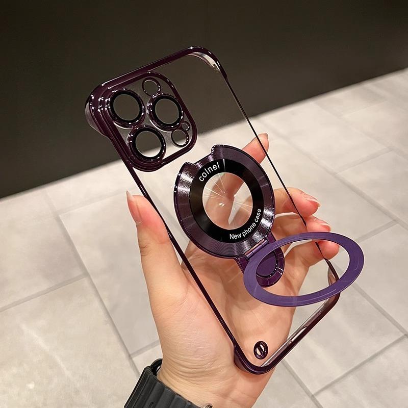 Ultra Slim Frameless Plating PC with Len Protector Phone Case with Metal Kickstand For iPhone 16ProMax 15 14 13 12 Shockproof Support Wireless Charging Hard Full Cover