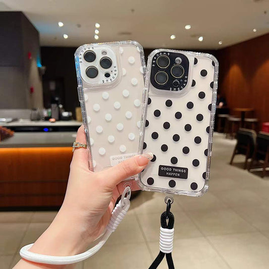 For iPhone 16ProMax 16 15 14 13 Phone Case With Short Wristband, Colorful 3 in 1 Transparent Luxury Wave Point Acrylic Anti Fall, With Camera Protector Shockproof Clear Hard Full Cover
