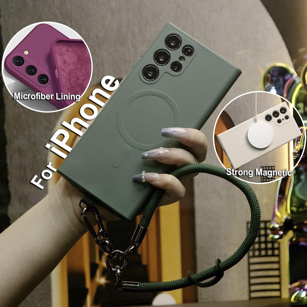 Strong Magnetic Slim Silicone Phone Case With Multifunctional Climbing Rope For iPhone 16 15 14 13 12 11 XR XSMax X/XS, Soft Liquid Silicone Shockproof Full Cover With Microfiber Lining