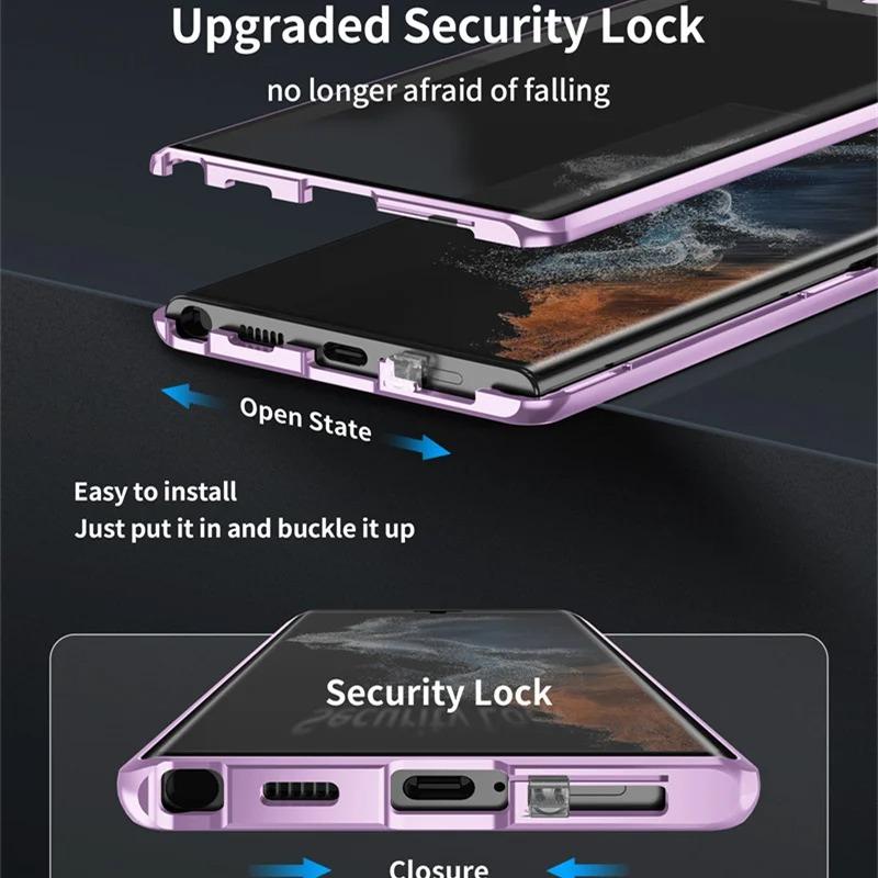 Privacy Tempered Glass Front Acrylic Magnetic Ring Black Cover Double Sided Magnetic Phone Case for Samsung S25Ultra S25 S24 S23 S22 S21 Metal Frame Anti-peep Full Case with Len Protection