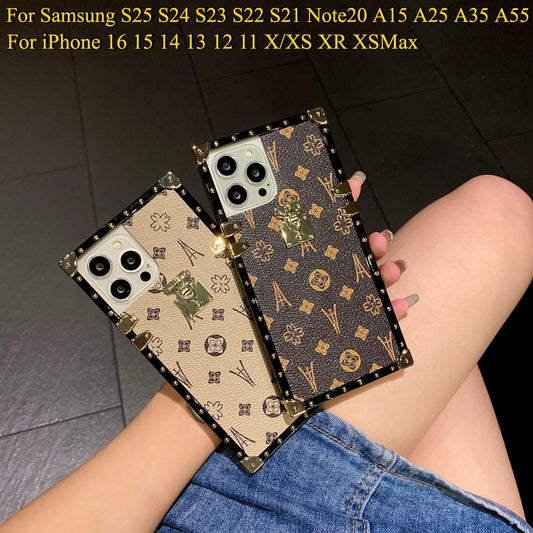 Luxury Classic Leather Lock Anti Drop Heavy Duty Protection Phone Case For Samsung S25 S24 S23 S22 S21 Note20 A15 A25 A35 A55 Fashion Square Case Back Cover For iPhone 16 15 14 13 12 11 X XR